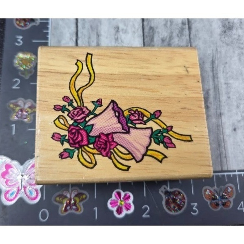 Greenbrier Wedding Bells Ribbons Corner Flowers Rubber Stamp Wood #N15